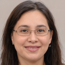 Joyful white adult female with long  brown hair and brown eyes