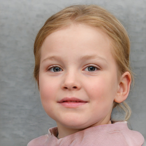 Joyful white child female with medium  brown hair and blue eyes