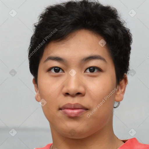 Joyful asian young-adult female with short  brown hair and brown eyes