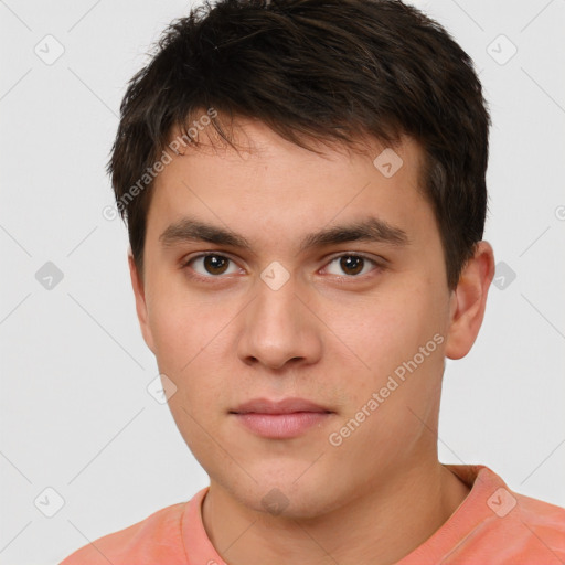 Neutral white young-adult male with short  brown hair and brown eyes