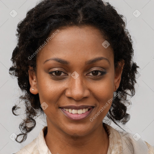 Joyful black young-adult female with long  brown hair and brown eyes