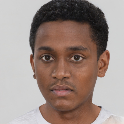 Neutral black young-adult male with short  black hair and brown eyes