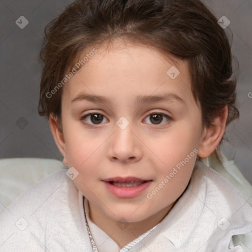 Joyful white child female with medium  brown hair and brown eyes