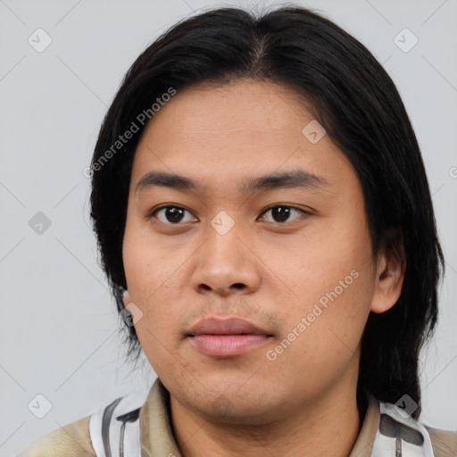 Neutral asian young-adult male with medium  black hair and brown eyes