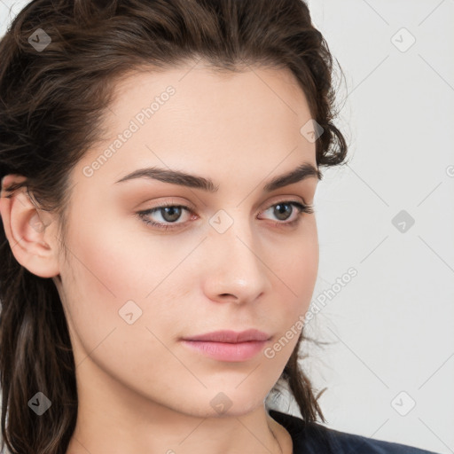 Neutral white young-adult female with medium  brown hair and brown eyes