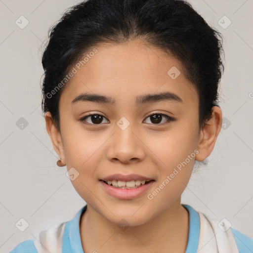 Joyful white child female with short  brown hair and brown eyes