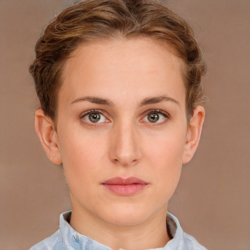 Neutral white young-adult female with short  brown hair and brown eyes