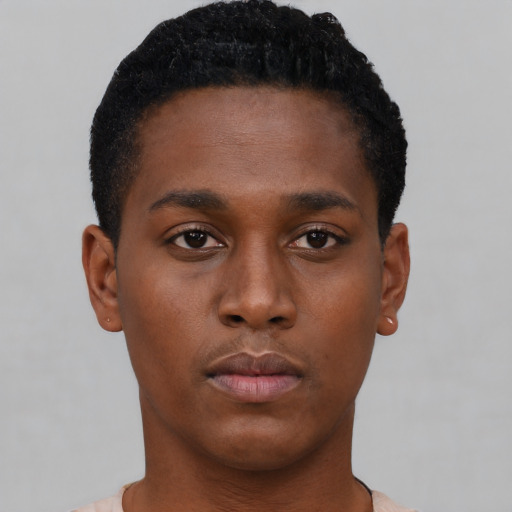 Neutral black young-adult male with short  brown hair and brown eyes