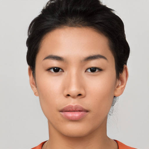 Neutral asian young-adult female with short  black hair and brown eyes