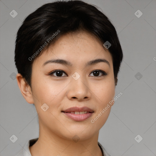 Joyful asian young-adult female with short  brown hair and brown eyes