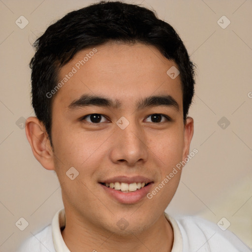 Joyful latino young-adult male with short  brown hair and brown eyes