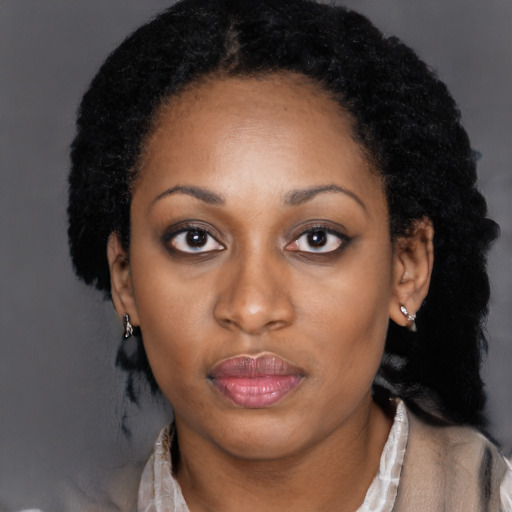 Neutral black young-adult female with long  black hair and brown eyes