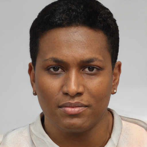 Neutral latino young-adult female with short  black hair and brown eyes
