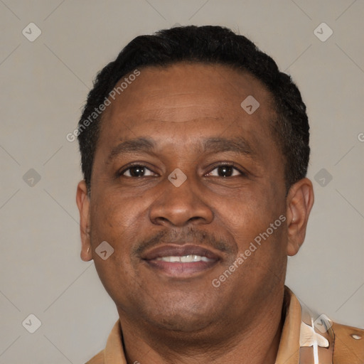 Neutral latino adult male with short  brown hair and brown eyes
