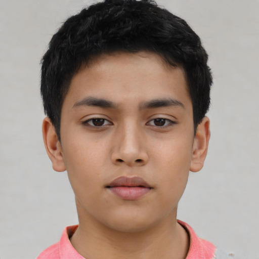 Neutral asian child male with short  black hair and brown eyes
