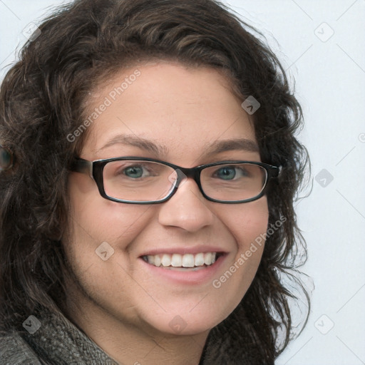 Joyful white young-adult female with medium  brown hair and green eyes