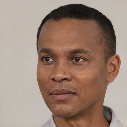 Joyful black young-adult male with short  black hair and brown eyes