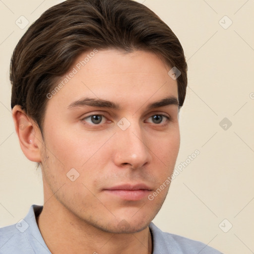 Neutral white young-adult male with short  brown hair and grey eyes