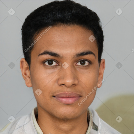 Joyful latino young-adult female with short  brown hair and brown eyes