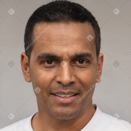 Joyful latino adult male with short  black hair and brown eyes