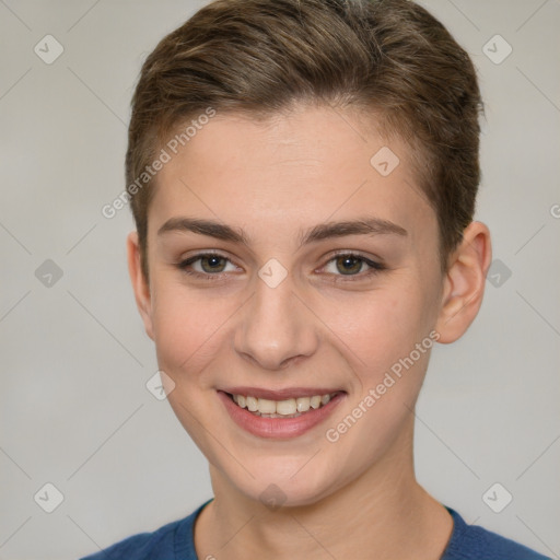 Joyful white young-adult female with short  brown hair and grey eyes