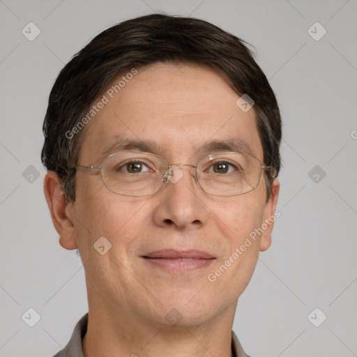 Joyful white adult male with short  brown hair and grey eyes