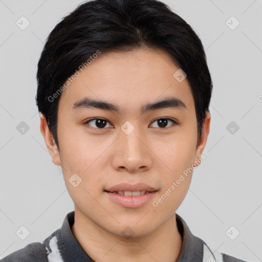 Neutral asian young-adult male with short  black hair and brown eyes