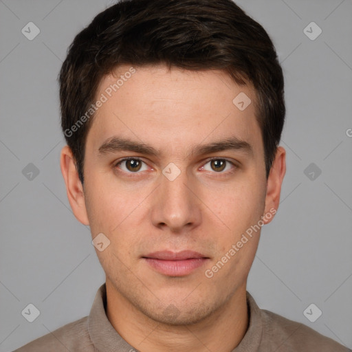 Neutral white young-adult male with short  brown hair and brown eyes