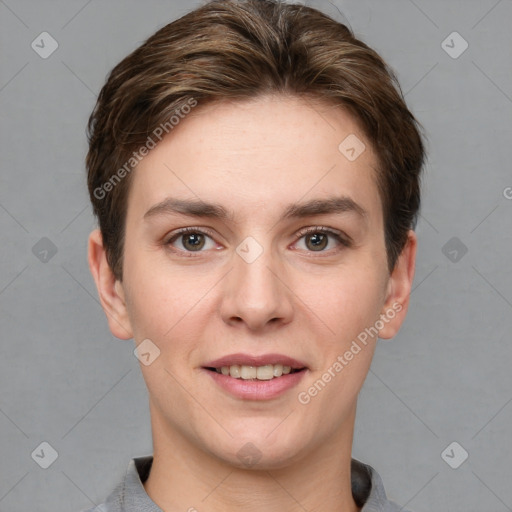 Joyful white young-adult female with short  brown hair and grey eyes