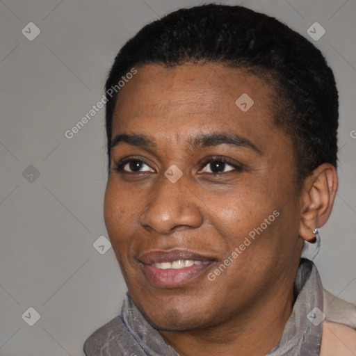 Joyful black young-adult male with short  black hair and brown eyes