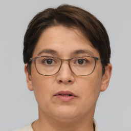 Neutral white adult female with short  brown hair and brown eyes