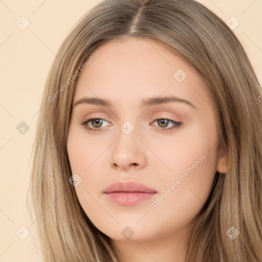 Neutral white young-adult female with long  brown hair and brown eyes