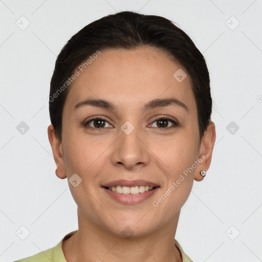 Joyful white young-adult female with short  brown hair and brown eyes