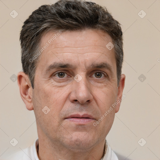 Neutral white adult male with short  brown hair and brown eyes