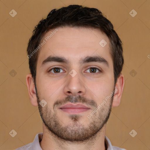 Neutral white young-adult male with short  brown hair and brown eyes