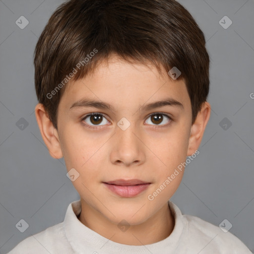 Joyful white child male with short  brown hair and brown eyes