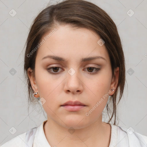 Neutral white young-adult female with medium  brown hair and brown eyes