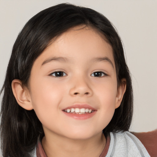 Joyful white child female with medium  brown hair and brown eyes