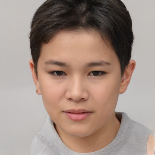 Joyful asian child female with short  brown hair and brown eyes