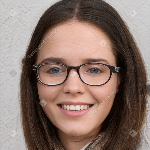 Joyful white young-adult female with long  brown hair and blue eyes