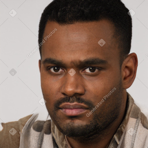 Neutral black young-adult male with short  black hair and brown eyes