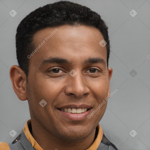 Joyful latino young-adult male with short  brown hair and brown eyes