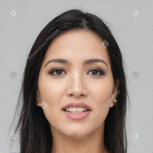 Joyful asian young-adult female with long  brown hair and brown eyes