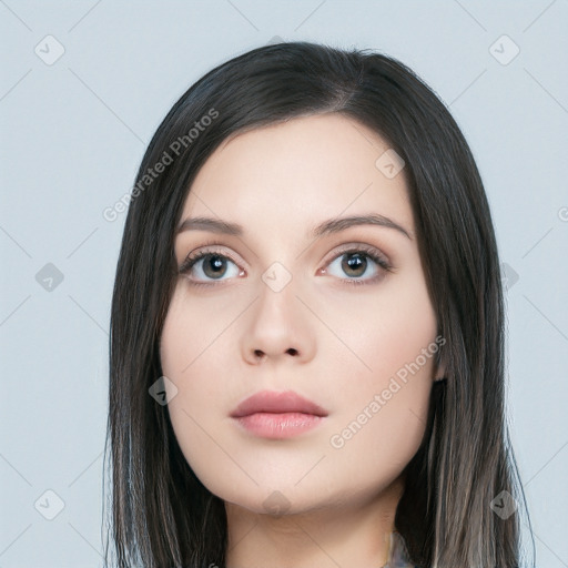 Neutral white young-adult female with long  black hair and brown eyes