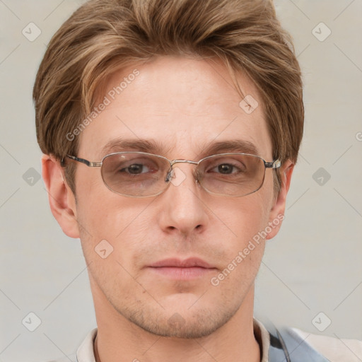 Neutral white adult male with short  brown hair and grey eyes