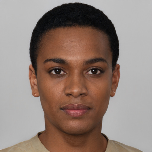 Neutral black young-adult female with short  black hair and brown eyes