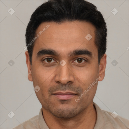 Neutral latino young-adult male with short  black hair and brown eyes
