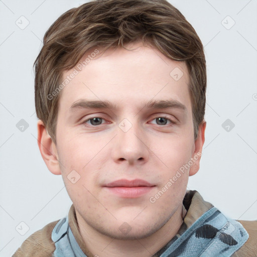 Neutral white young-adult male with short  brown hair and grey eyes