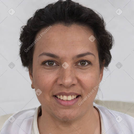 Joyful white adult female with short  brown hair and brown eyes