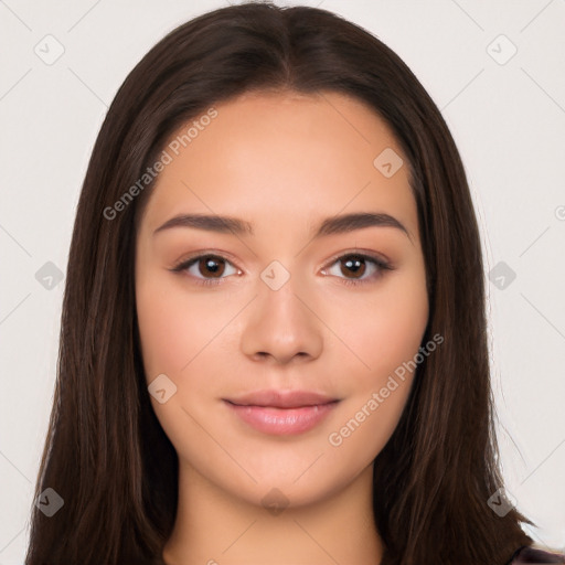 Neutral white young-adult female with long  brown hair and brown eyes